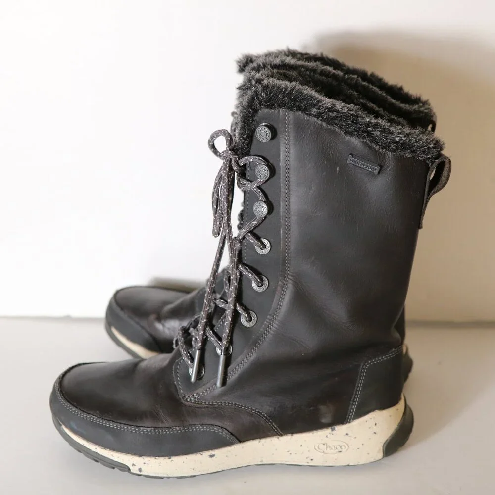 Chaco Borealis Tall Waterproof Lace Up Boot Womens 6.5 Black‎ Mink Faux Fur Snow